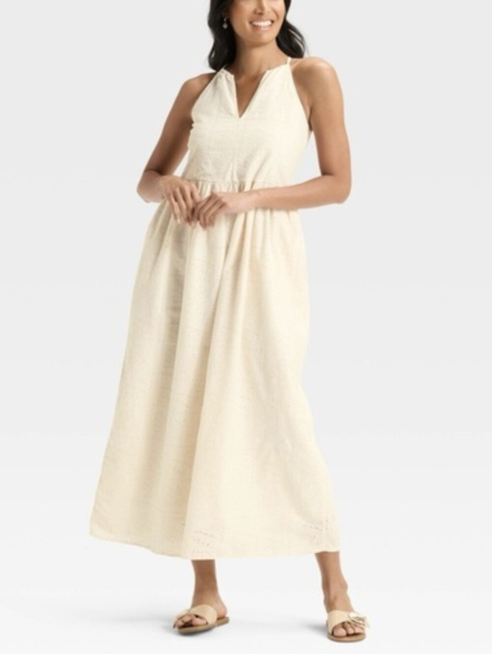 Sleeveless Cream Maxi Dress with Notch Neck